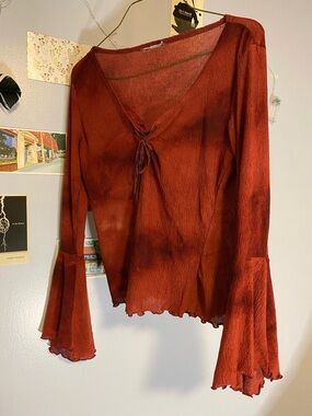 Y2K Rust Red Long Sleeve Tie-Front Top with Bell Sleeves